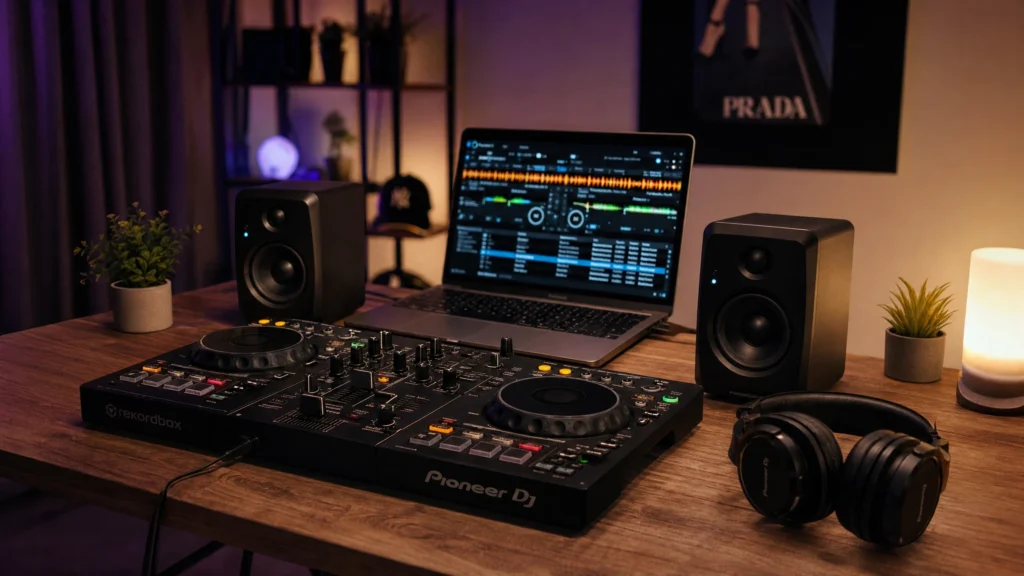 Affordable beginner DJ setup with controller, laptop and headphones in Thailand