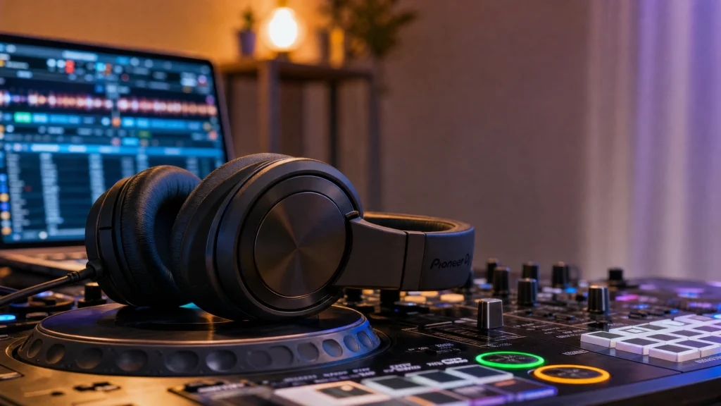 Professional DJ headphones resting on a controller in a home studio