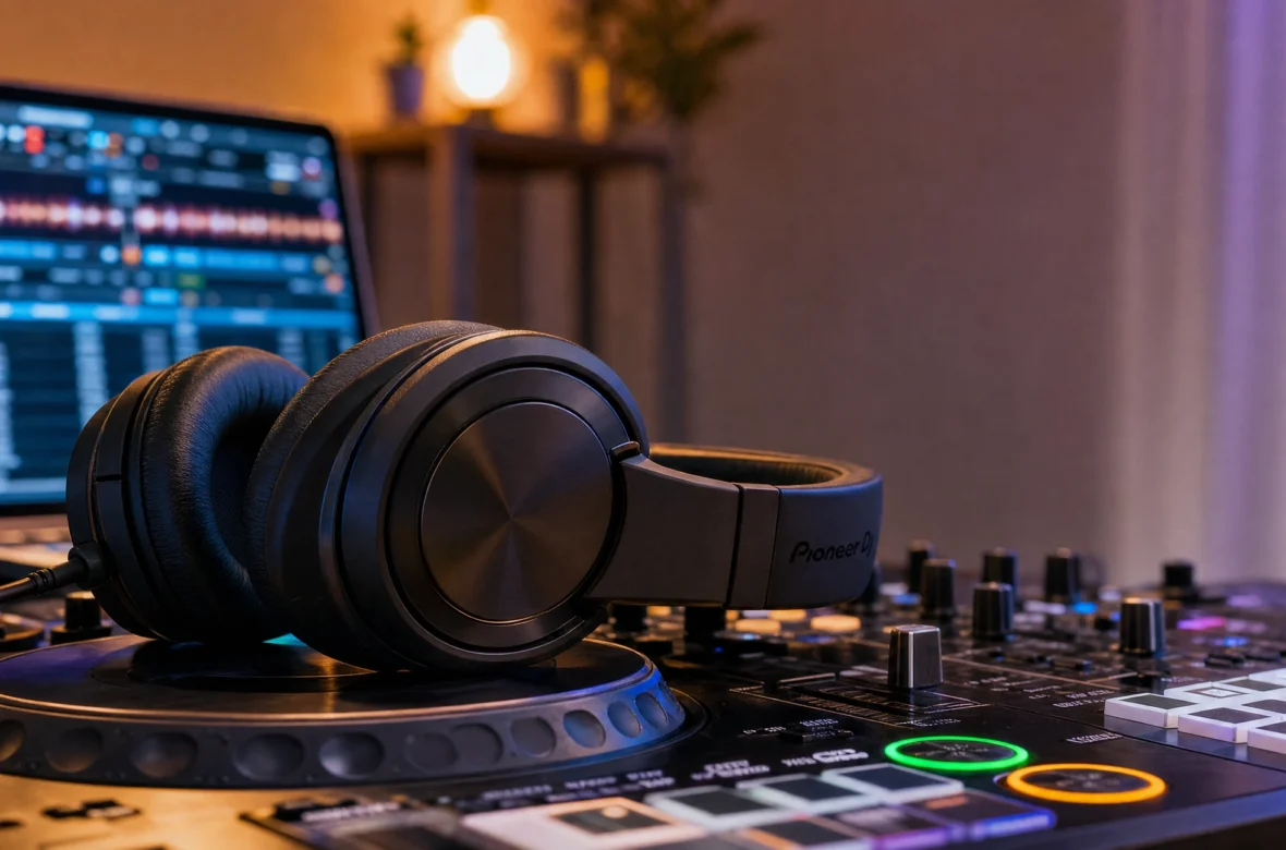 Professional DJ headphones resting on a controller in a home studio