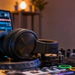 Professional DJ headphones resting on a controller in a home studio