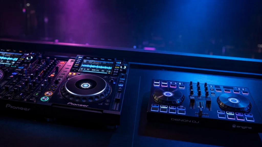 Club CDJ players and mixer next to an all-in-one DJ controller compared