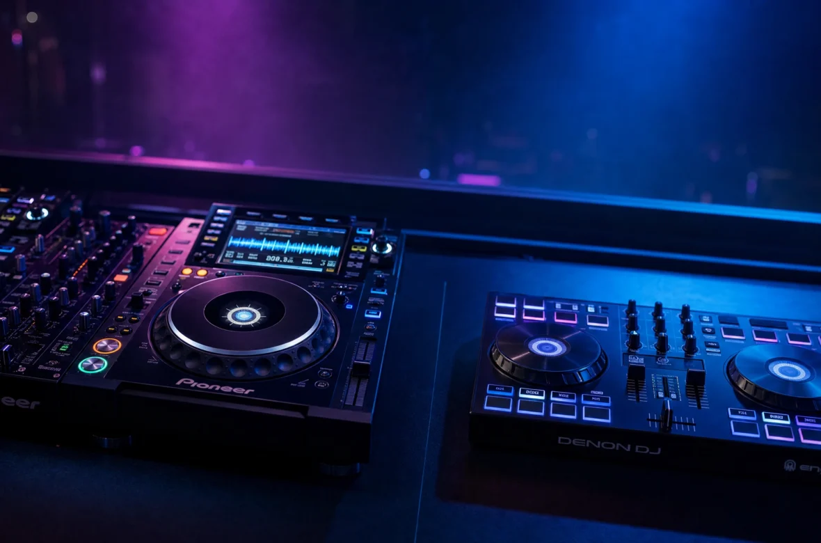 Club CDJ players and mixer next to an all-in-one DJ controller compared