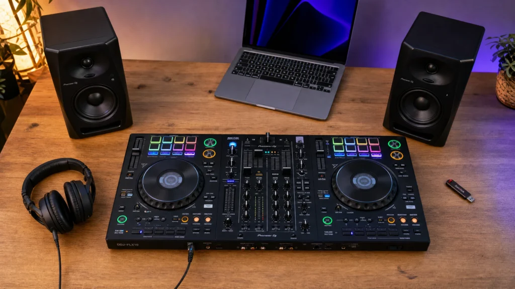 Complete beginner DJ gear collection arranged on a desk