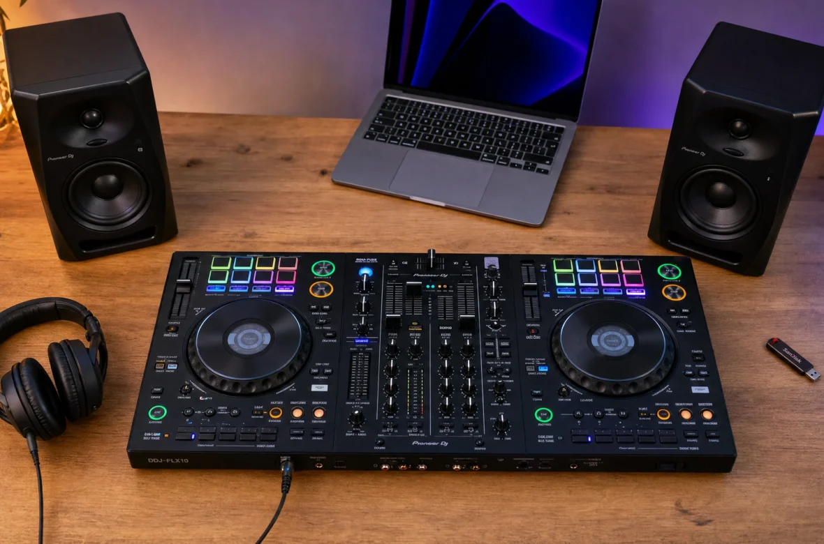 Complete beginner DJ gear collection arranged on a desk