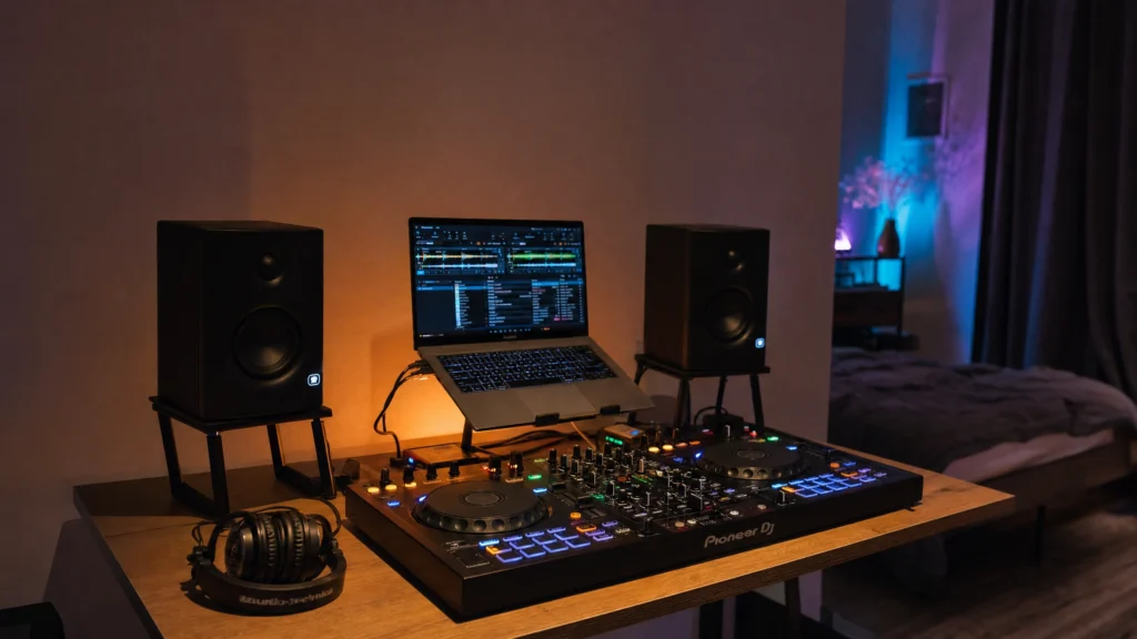 Home DJ setup with controller, laptop, headphones and studio monitor speakers