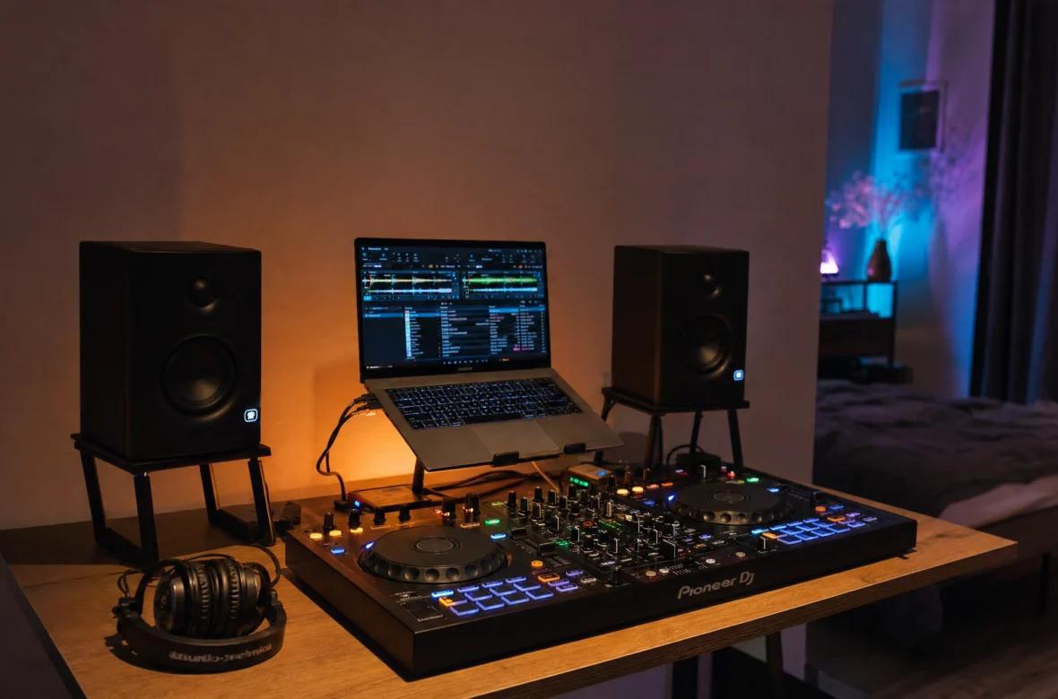 Home DJ setup with controller, laptop, headphones and studio monitor speakers