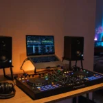 Home DJ setup with controller, laptop, headphones and studio monitor speakers