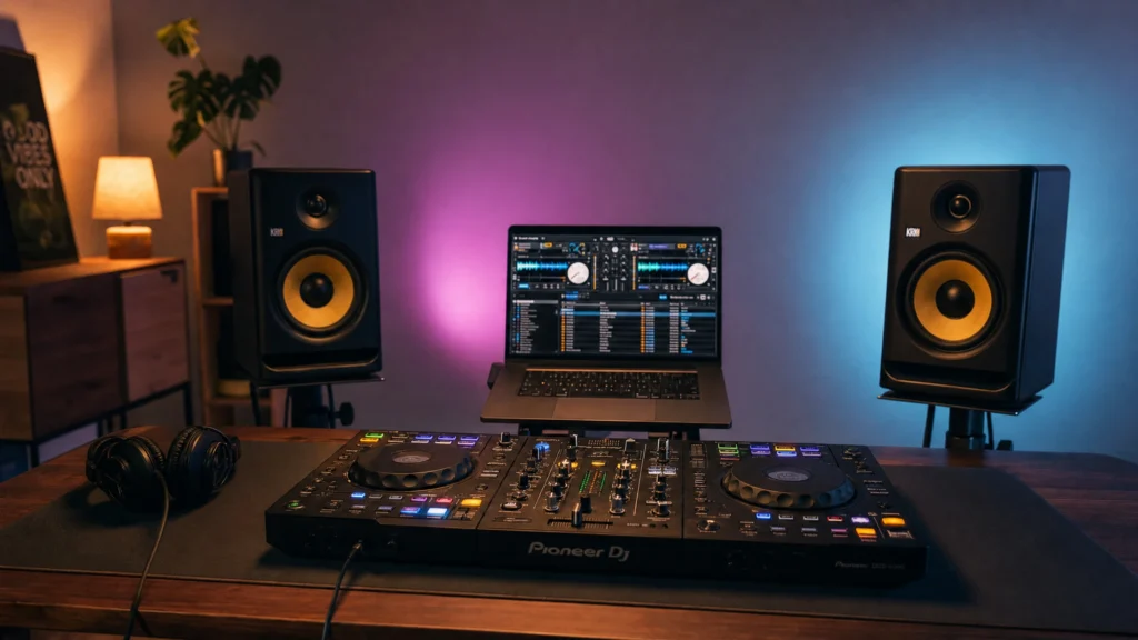 Complete home DJ setup with controller, laptop, headphones and studio monitors