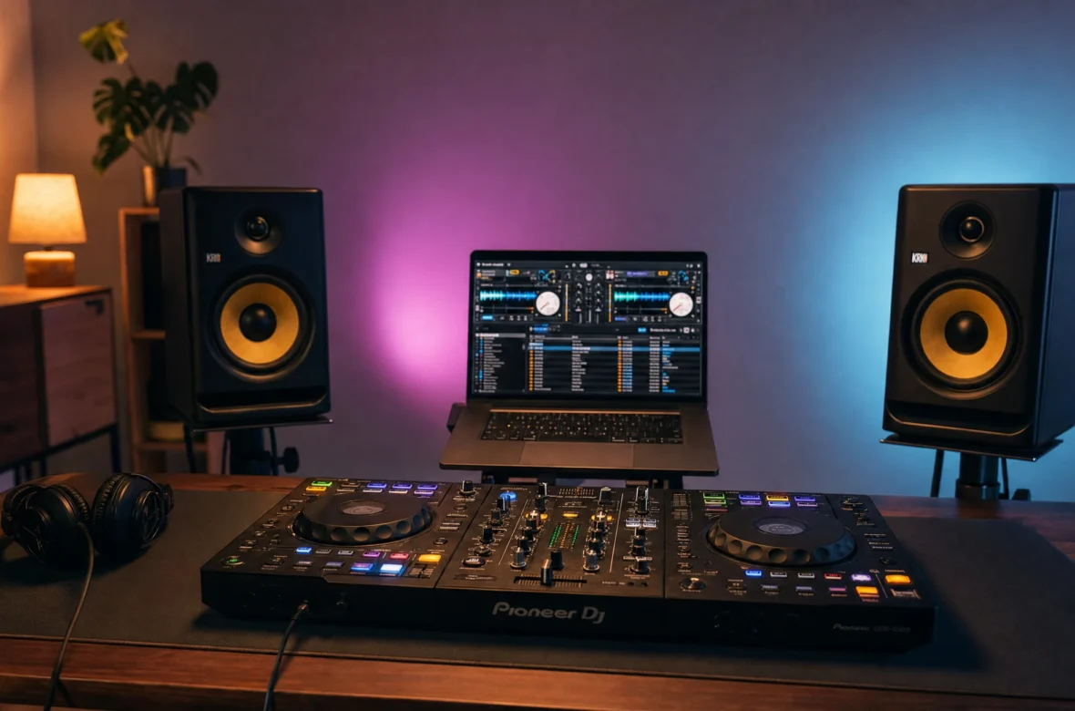Complete home DJ setup with controller, laptop, headphones and studio monitors