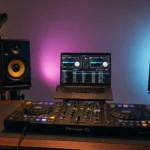 Complete home DJ setup with controller, laptop, headphones and studio monitors