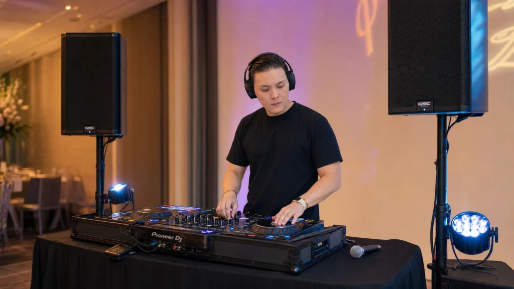 Mobile DJ portable setup with controller, speakers and microphone at an event