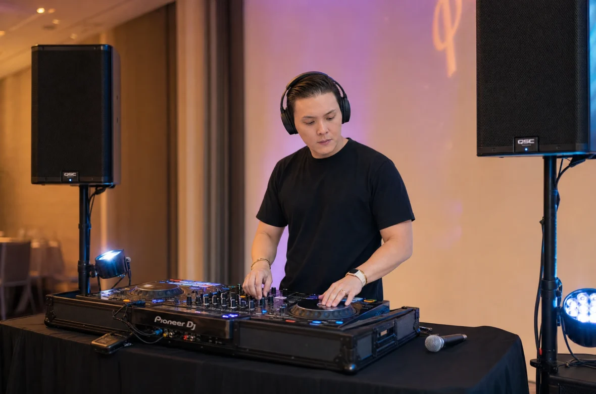 Mobile DJ portable setup with controller, speakers and microphone at an event