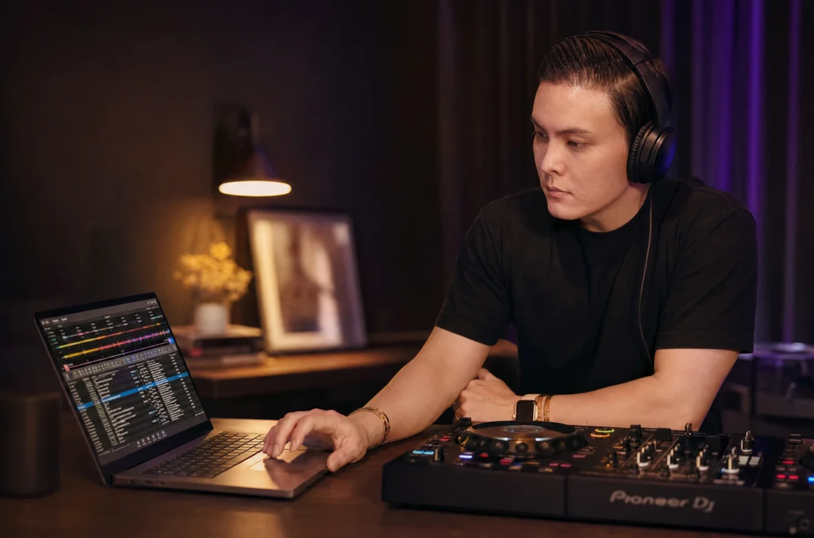 DJ planning and building a set on a laptop with a controller