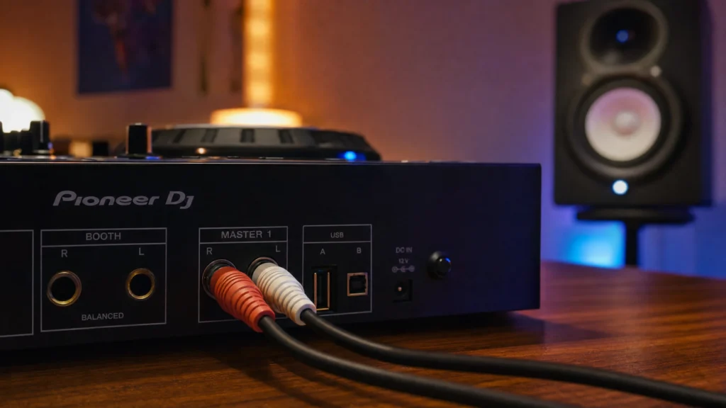 RCA cables plugged into the master output of a DJ controller connecting to speakers