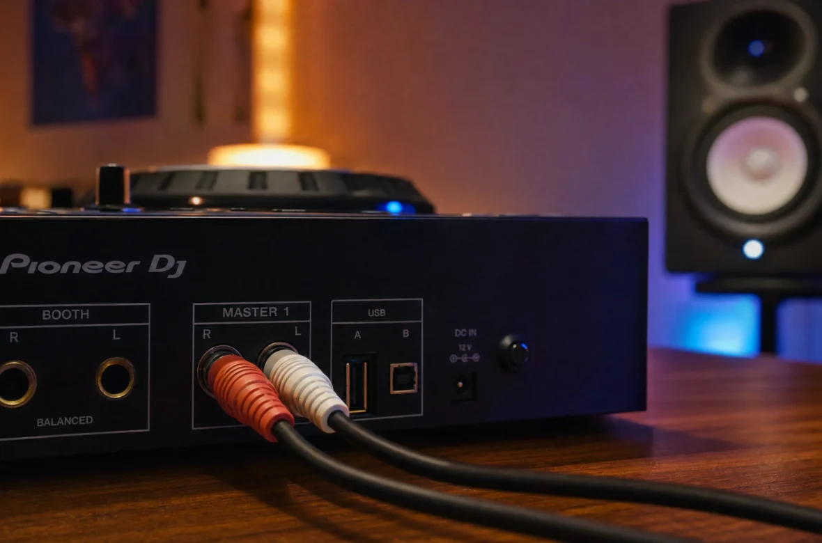 RCA cables plugged into the master output of a DJ controller connecting to speakers