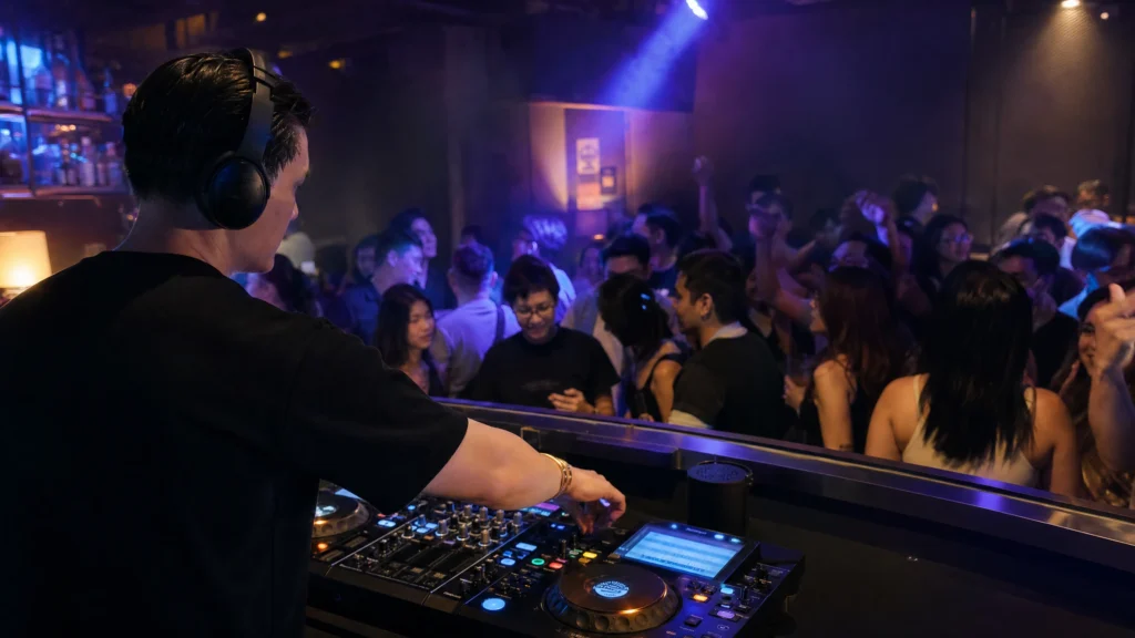 DJ performing to a crowd at an intimate bar venue