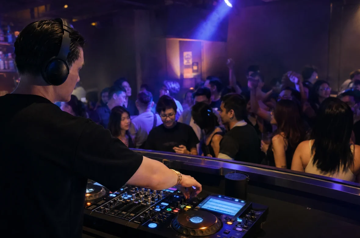DJ performing to a crowd at an intimate bar venue