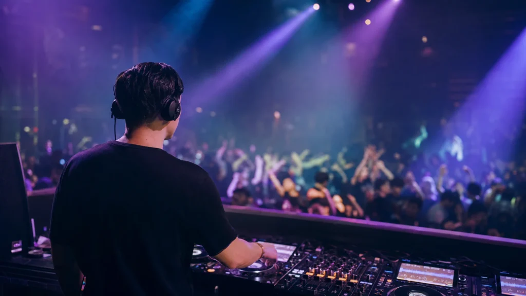 DJ reading the crowd from the booth at a busy club dance floor