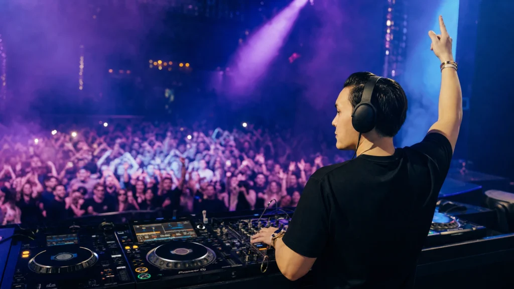 DJ performing to a packed crowd, representing a thriving DJ career