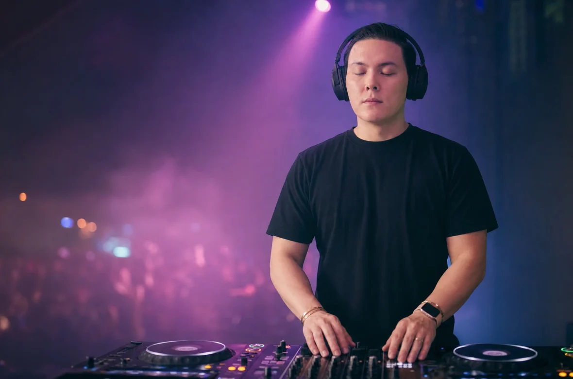 DJ taking a calming breath behind the decks before performing