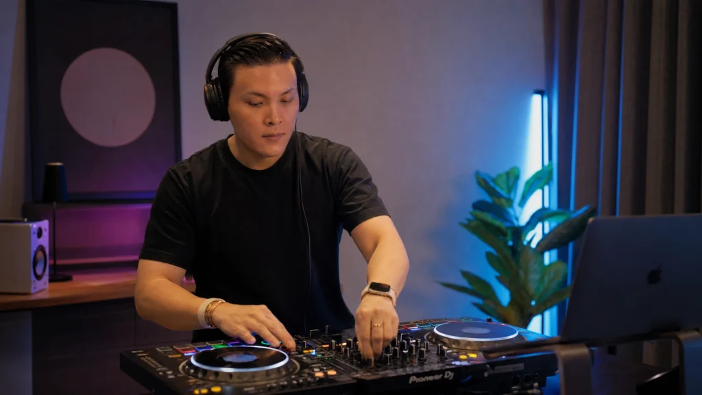 Beginner DJ practicing on a controller while learning to DJ at home