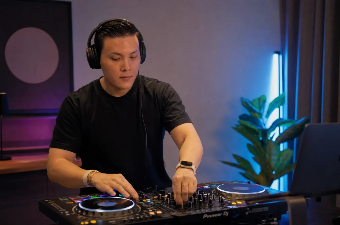 Beginner DJ practicing on a controller while learning to DJ at home