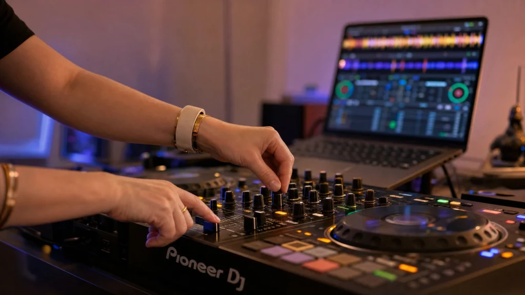 DJ hands on the crossfader and EQ mixing two songs together
