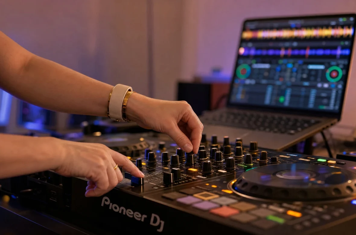 DJ hands on the crossfader and EQ mixing two songs together