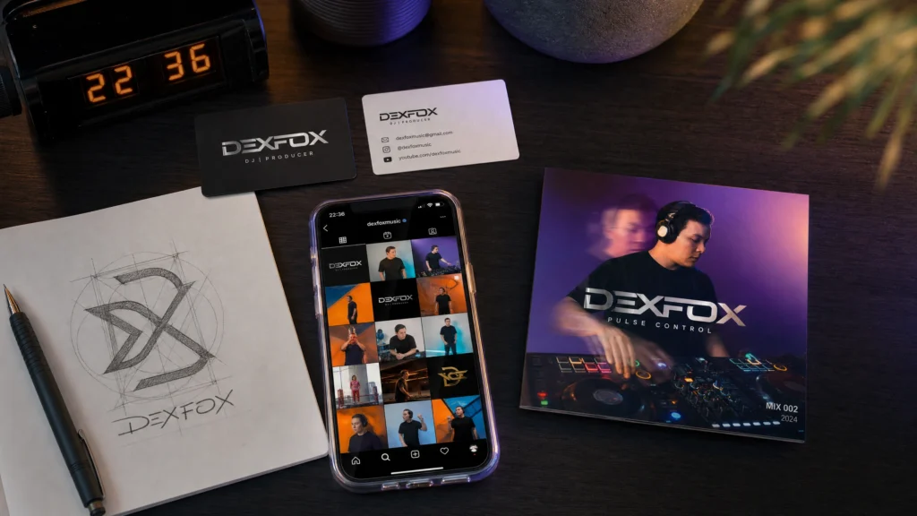 DJ brand identity materials — logo, colours, and cohesive social grid laid out