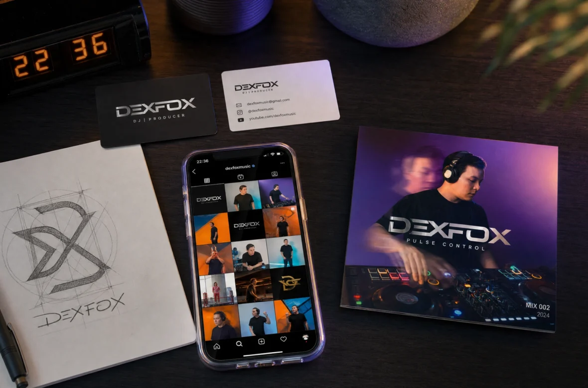 DJ brand identity materials — logo, colours, and cohesive social grid laid out