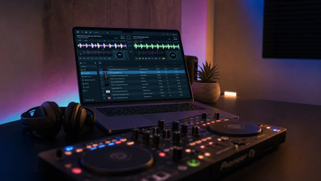 DJ laptop running DJ software connected to a controller for rekordbox vs Serato comparison