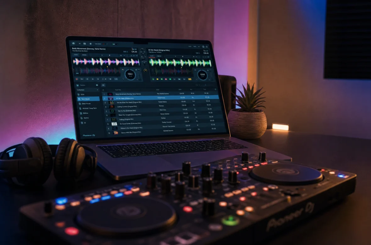 DJ laptop running DJ software connected to a controller for rekordbox vs Serato comparison