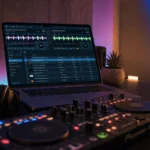 DJ laptop running DJ software connected to a controller for rekordbox vs Serato comparison