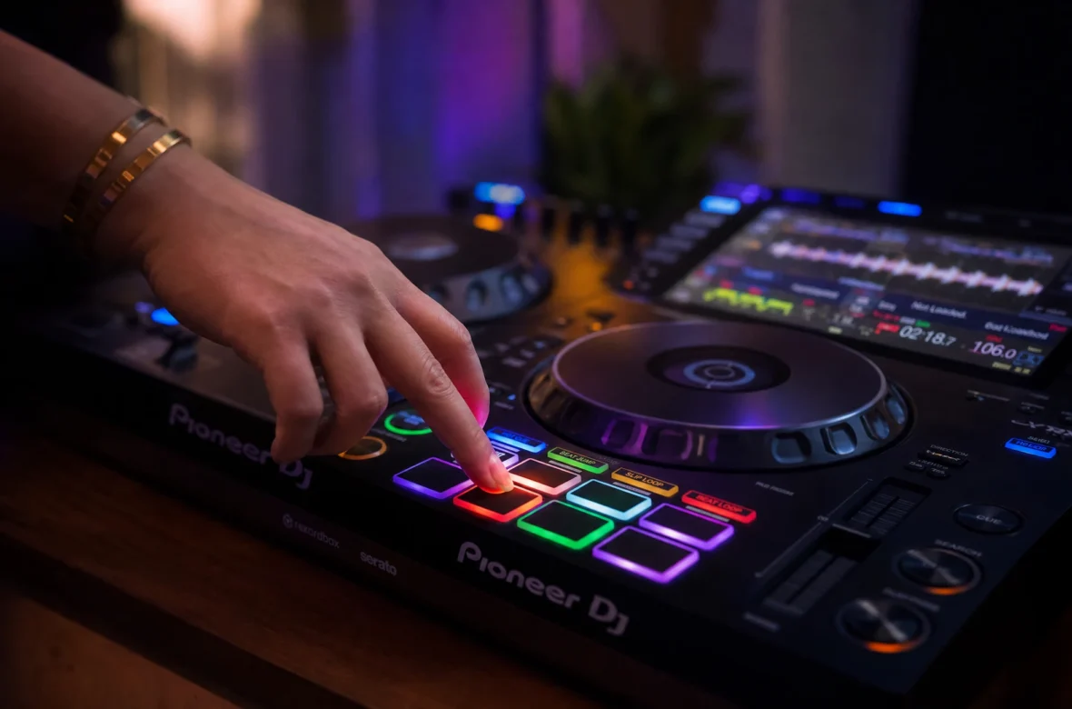 DJ pressing colored hot cue performance pads on a controller