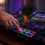 DJ pressing colored hot cue performance pads on a controller