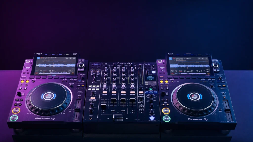 Pioneer DJ CDJ-3000 club-standard media players with a DJM mixer