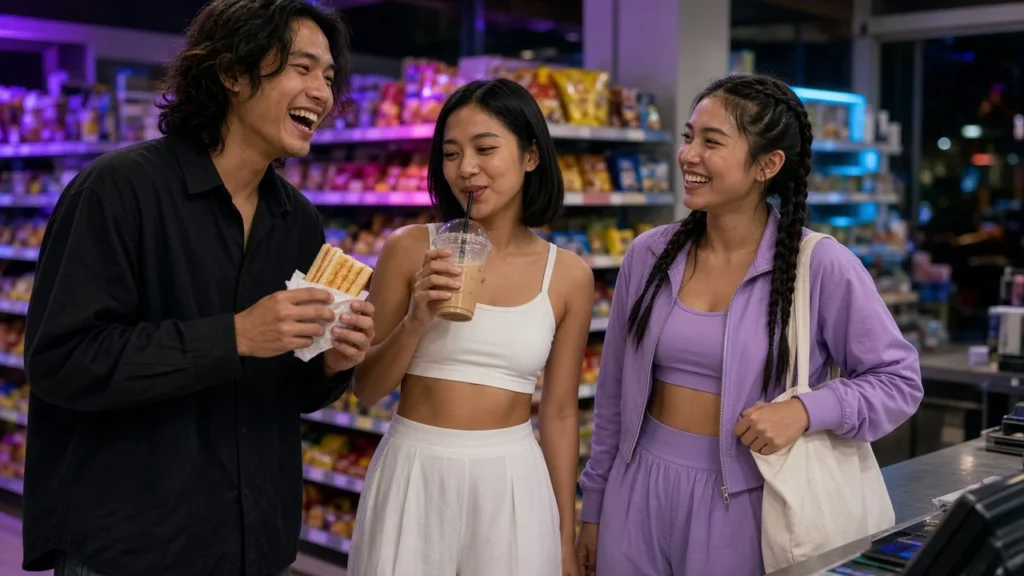 Young Thai friends with toasties and iced coffee at a convenience store counter in Bangkok at night