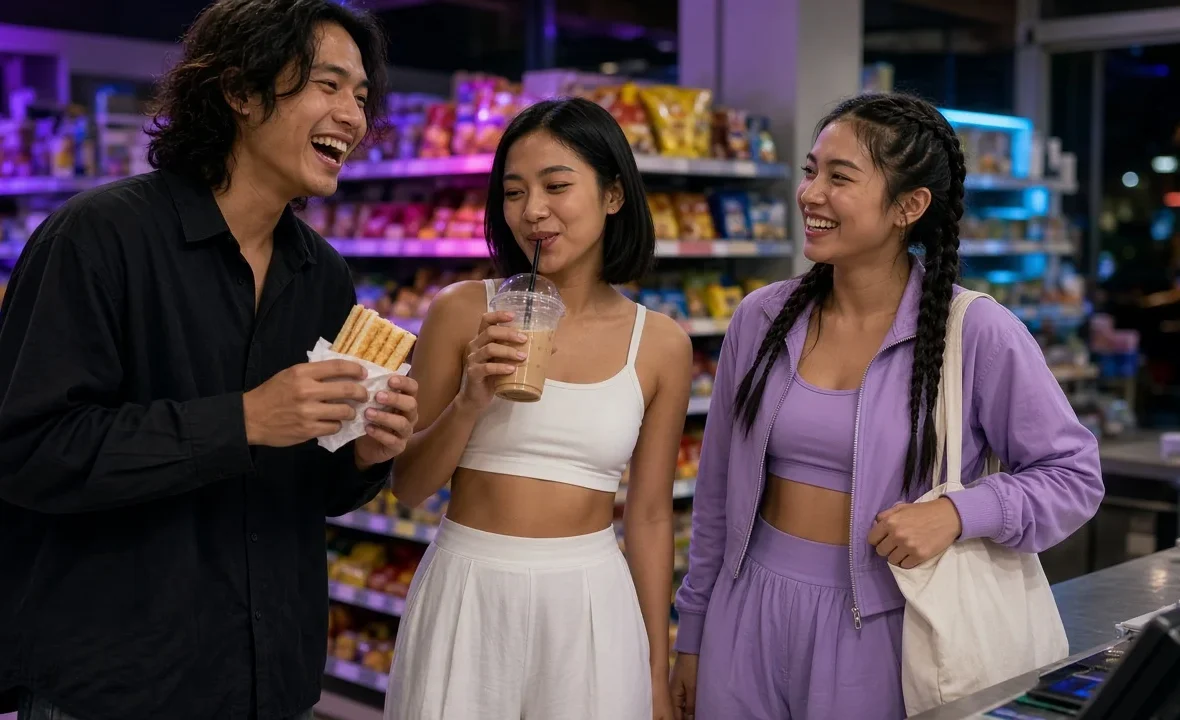 Young Thai friends with toasties and iced coffee at a convenience store counter in Bangkok at night