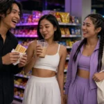 Young Thai friends with toasties and iced coffee at a convenience store counter in Bangkok at night