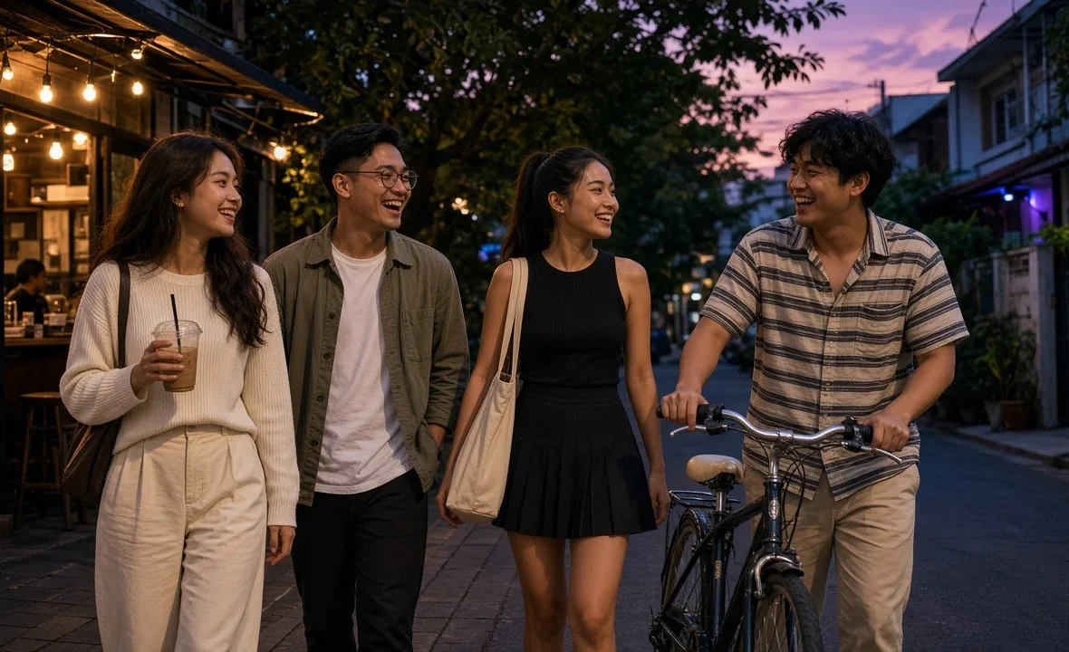 Four young Thai friends walking past a café on a leafy street in Ari, Bangkok, at dusk.