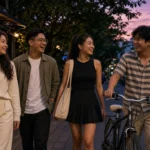 Four young Thai friends walking past a café on a leafy street in Ari, Bangkok, at dusk.