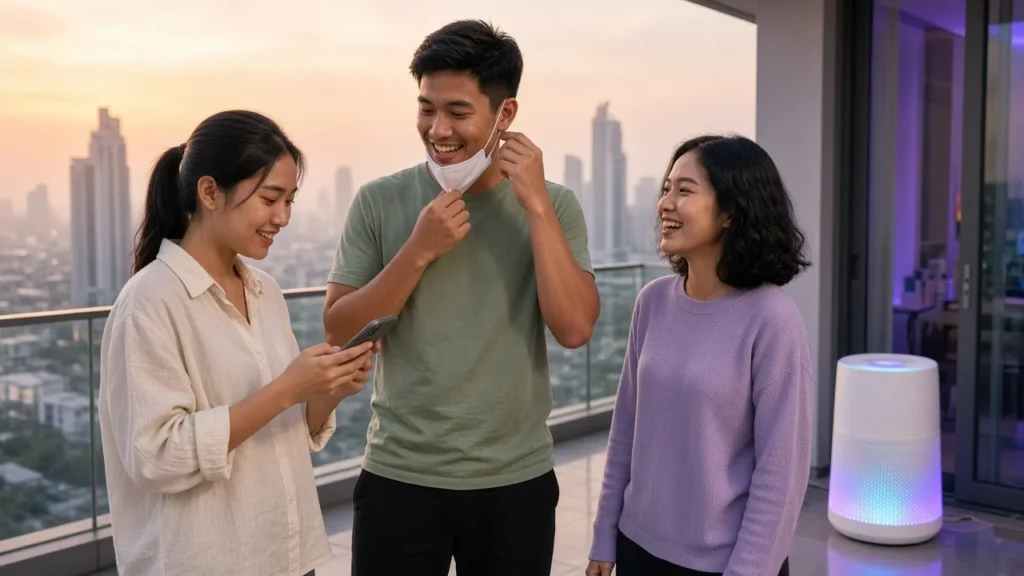 Young Thai friends checking air quality on a hazy Bangkok condo balcony beside an air purifier