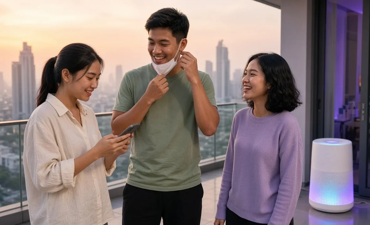 Young Thai friends checking air quality on a hazy Bangkok condo balcony beside an air purifier