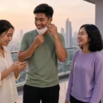 Young Thai friends checking air quality on a hazy Bangkok condo balcony beside an air purifier