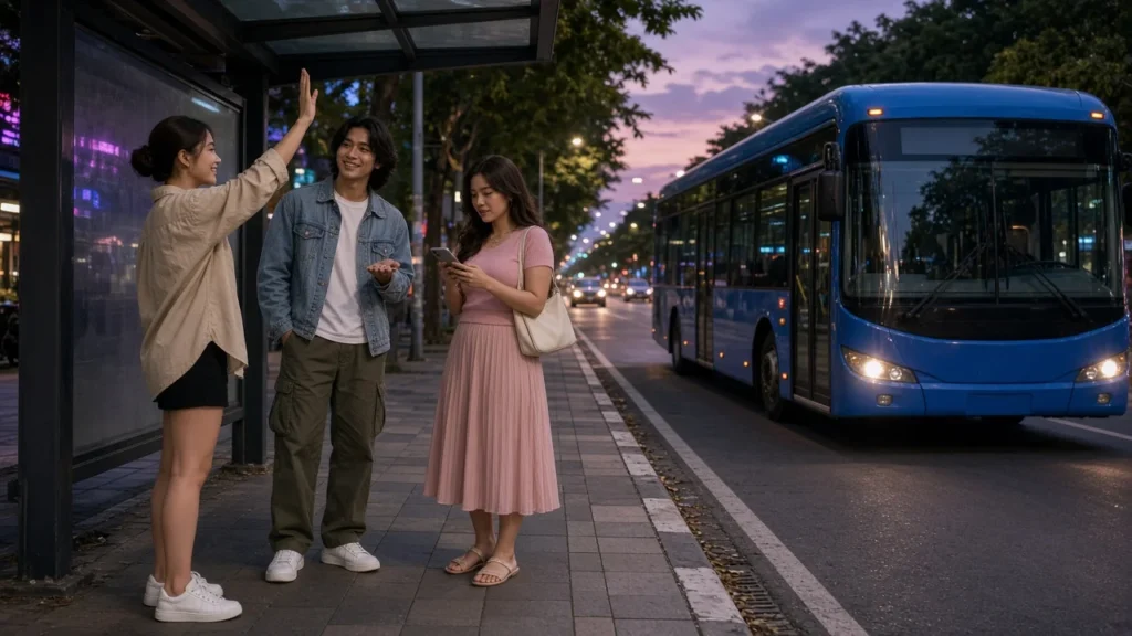 Three young Thai friends at a Bangkok bus stop waving down an electric city bus at dusk