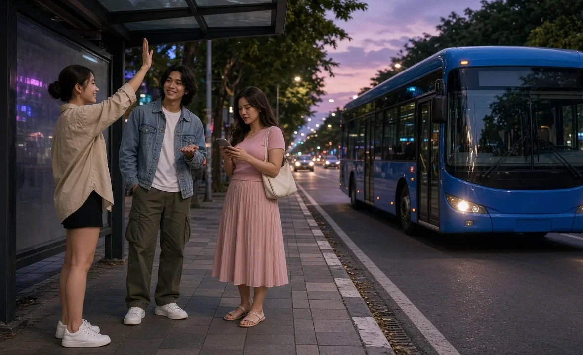 Three young Thai friends at a Bangkok bus stop waving down an electric city bus at dusk