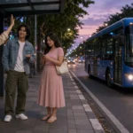Three young Thai friends at a Bangkok bus stop waving down an electric city bus at dusk