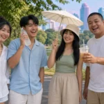 Four young Thai friends cooling off with fans, cold drinks and a parasol in a Bangkok park on a hot day.