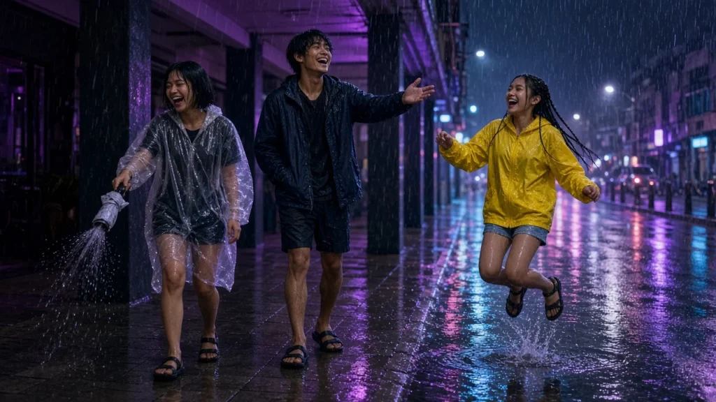 Three young Thai friends laughing under a covered walkway during a Bangkok rainstorm.