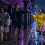 Three young Thai friends laughing under a covered walkway during a Bangkok rainstorm.